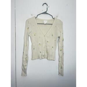 Hm Sweater Womens M Flowers Cardigan Button Up Cropped Thick Ribbed Cottagecore